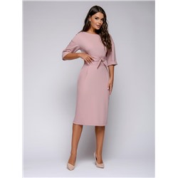 Платье розовое длины миди с широким поясом