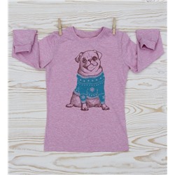 LO31R-M0058 Футболка для девочки с дл. рук. розовый меланж  с принтом Мопс в голубом свитере