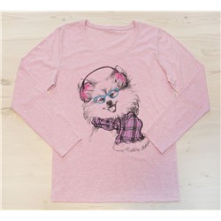 LO33R-M0075 Женский лонгслив розовый меланж с рисунком Зимние собачки. Девочка