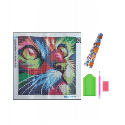 Алмазная мозаика картина стразами Разноцветный кот, 30х30 см