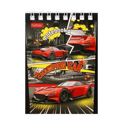 Блокнот А7, 40 листов в клетку на гребне "Авто чемпион", обложка мелованный картон, МИКС