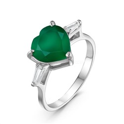 Кольцо из серебра с нат.зелёным агатом и фианитами родированное