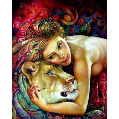 Алмазная мозаика картина стразами Девушка со львицей, 40х50 см