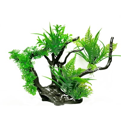 Искусственный декор для аквариума Коряга с растениями, 30х18 см