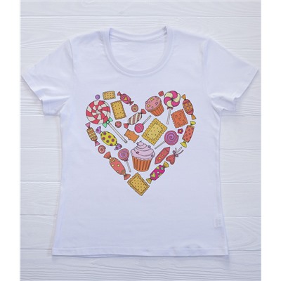 FU30B-M0090 Женская футболка белая с принтом Конфетное сердце