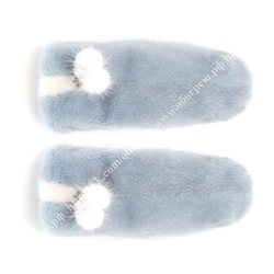 Норковые варежки цвета сапфир с белой вставкой и кулиской (Арт.0214)