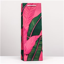 Пакет подарочный "Листья" зелено-розовый 12 х 36 х 8,5 см