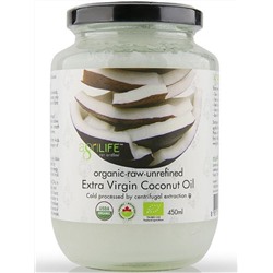 Organic Raw Unrefined EXTRA VIRGIN COCONUT OIL, Agrilife (Органическое нерафинированное кокосовое масло первого холодного отжима), стекло, 450 мл.