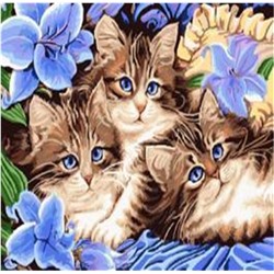 Алмазная мозаика картина стразами Котята с синими цветами, 30х40 см