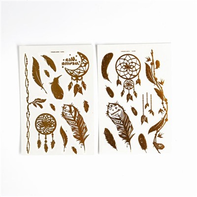 Детские татуировки-переводки, 10×15 см, набор 2 листа, золото, «Перья, ловец снов»