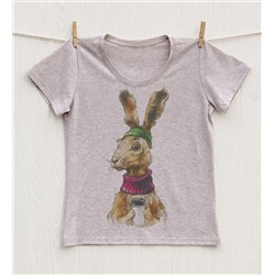FU30BG-M0080 Женская футболка бежевый меланж с принтом Кролик кофеман