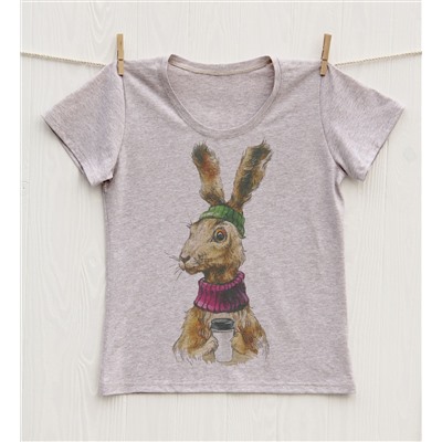FU30BG-M0080 Женская футболка бежевый меланж с принтом Кролик кофеман