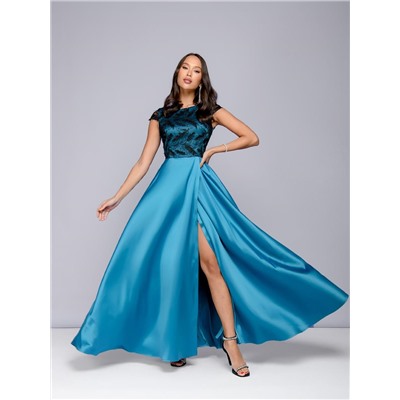 Платье цвета морской волны длины макси с вышивкой и разрезом на юбке