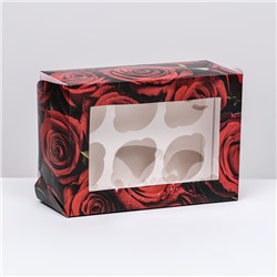 Упаковка на 6 капкейков с окном , "Розы", 25 х 17 х 10 см