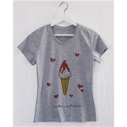 FU30S-M0020 Женская футболка серая с принтом Любовь Мороженное Лето