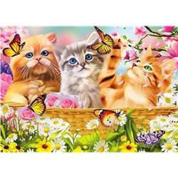 Алмазная мозаика картина стразами Три котёнка в корзине с бабочками, 30х40 см