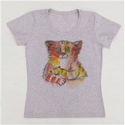 FU30BG-M0011 Женская футболка бежевый меланж с принтом Т-с-с-с-с котенок спит