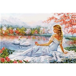Алмазная мозаика картина стразами Девушка на озере с лебедями, 30х40 см