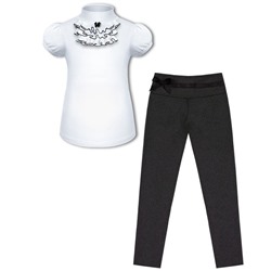 Школьный комплект для девочки с белой водолазкой (блузкой) с коротким рукавом и серыми брюками с бантом