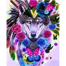 Алмазная мозаика картина стразами Волк с цветами и бабочками, 50х65 см