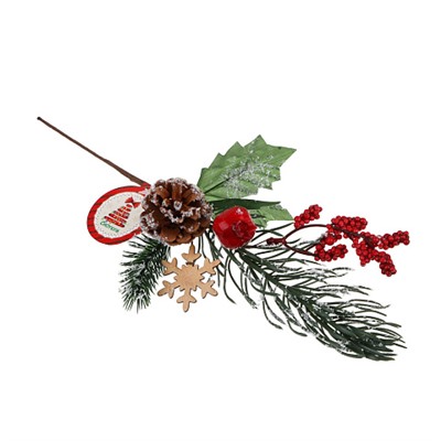 СНОУ БУМ Ветка декоративная хвоя с ягодами и снежинками, пластик, 20 см, 3 дизайна