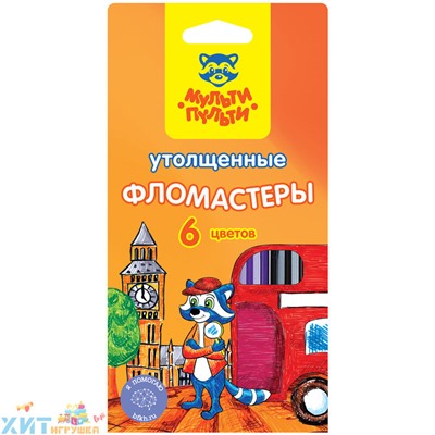 Фломастеры 6 цв. утолщенные смываемые "Енот в Англии" Мульти-Пульти WP_10732, WP_10732