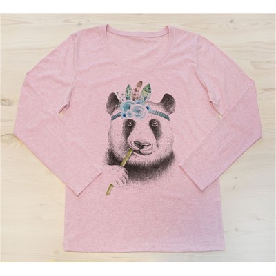 LO33R-M0039 Женский лонгслив розовый меланж с принтом Очаровательная панда
