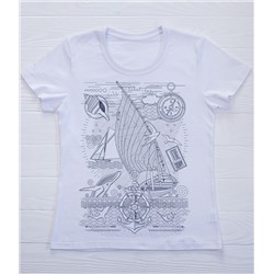 FU30B-M0087 Женская футболка белая с принтом Морское приключение