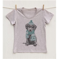 FU30BG-M0074 Женская футболка бежевый меланж с принтом Милый щенок