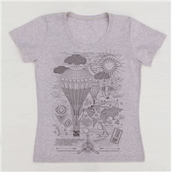 FU30BG-M0084 Женская футболка бежевый меланж с принтом Путешествие в облаках