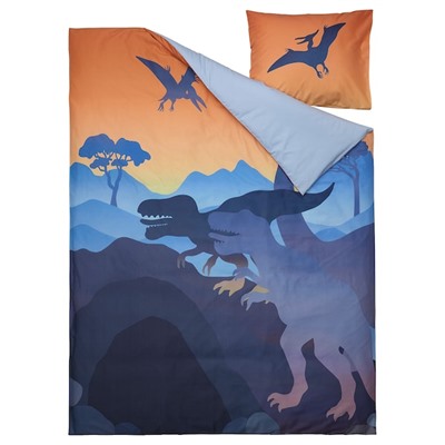 JÄTTELIK ЙЭТТЕЛИК, Пододеяльник и наволочка, динозавры на рассвете оранжевый/синий, 150x200/50x70 см