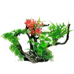 Искусственный декор для аквариума Коряга с растениями, 30х18 см, Акция!