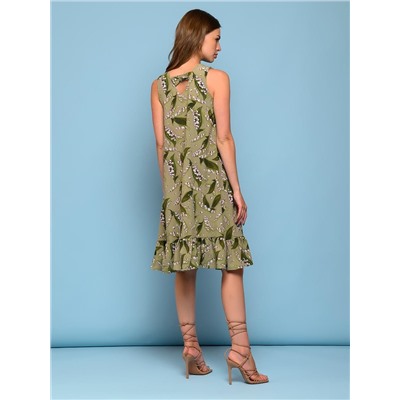 Платье зеленое без рукавов с цветочным принтом и воланом по подолу