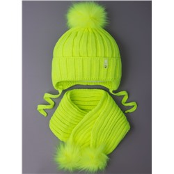 Шапка вязаная детская с помпоном на завязках, лапша, HELLO WINTER + шарф, неоновый зеленый