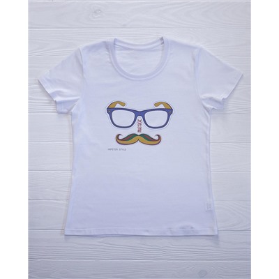 FU30B-M0007 Женская футболк белая с принтом  Усы,очки,хипстеры