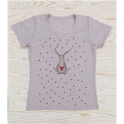 FU30BG-M0095 Женская футболка бежевый меланж с принтом Зайчик с сердцем