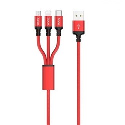Кабель USB 2.0 Am=>Apple 8 pin Lightning + Type C + microUSB, 1 м, красный, ткан. оплетка, Hoco X14