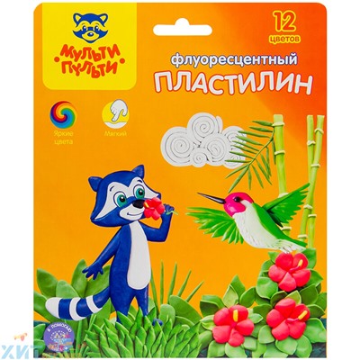 Пластилин восковой флуор. со стеком 12 цв. 180 г "Енот на острове Куба" Мульти-Пульти ФП_11062, ФП_11062