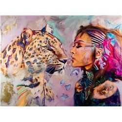 Алмазная мозаика картина стразами Леопард с девушкой, 40х50 см