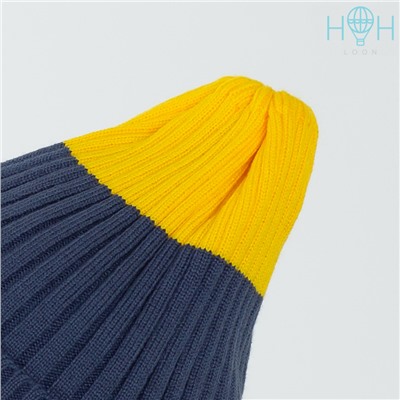 ШД20-11201790 Демисезонная вязаная шапка с подворотом, индиго/желтый