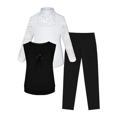 Школьная форма для девочки с белой водолазкой (блузкой), черным жилетом и брюками