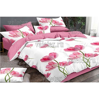 Постельное белье из белого поплина с розовыми тюльпанами и розовым компаньоном