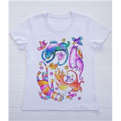 FU30B-M0094 Женская футболка белая с принтом Разноцветные коты