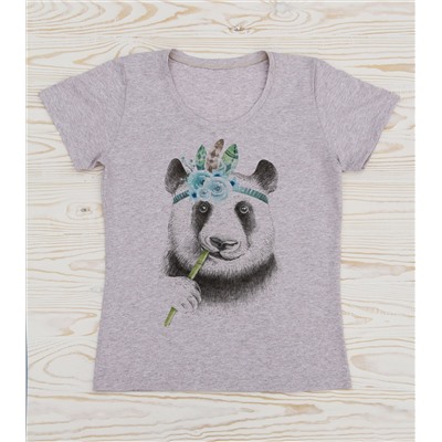 FU30BG-М0039 Женская футболка бежевый меланж с принтом Очаровательная панда