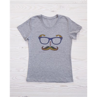 FU30S-M0007 Женская футболка серая с принтом Усы,очки,хипстеры