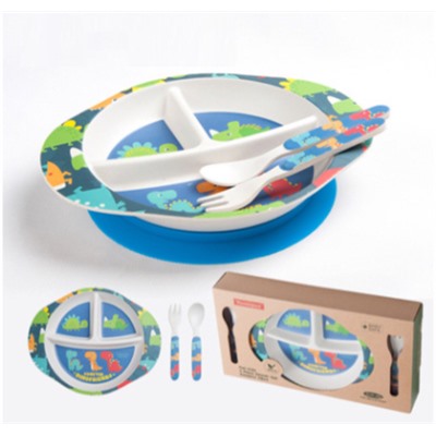 Набор посуды "Динозаврики" из бамбукового волокна (3 предмета, тарелка на присоске)
