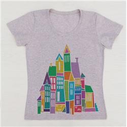 FU30BG-M0018 Женская футболка бежевый меланж с принтом Радужный город