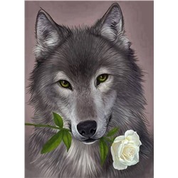 Алмазная мозаика картина стразами Волк с белой розой, 40х50 см