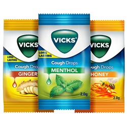 VICKS Cough Drops mix ginger/honey/menthol (Викс леденцы от кашля и воспаления горла микс (имбирь/мед/ментол)), 1 шт.