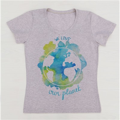 FU30BG-M0023  Женская футболка бежевый меланж с принтом Голубая планета